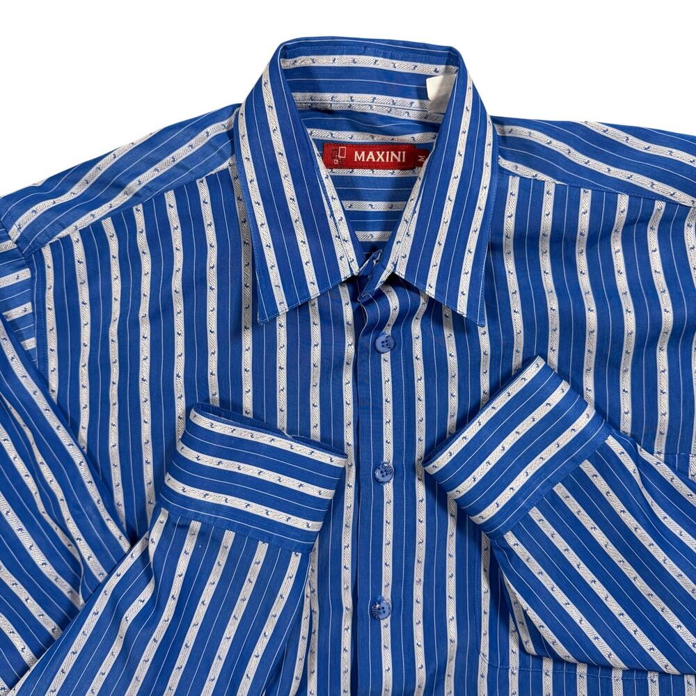 Maxini Men’s Medium Blue White Striped Button Front Dress Shirt Long Sleeve